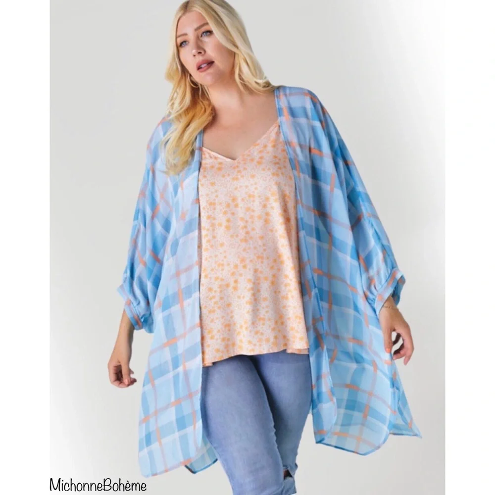 Davi & Dani Light Blue & Orange Plaid Print Kimono Cardigan - Picture 5 of 11